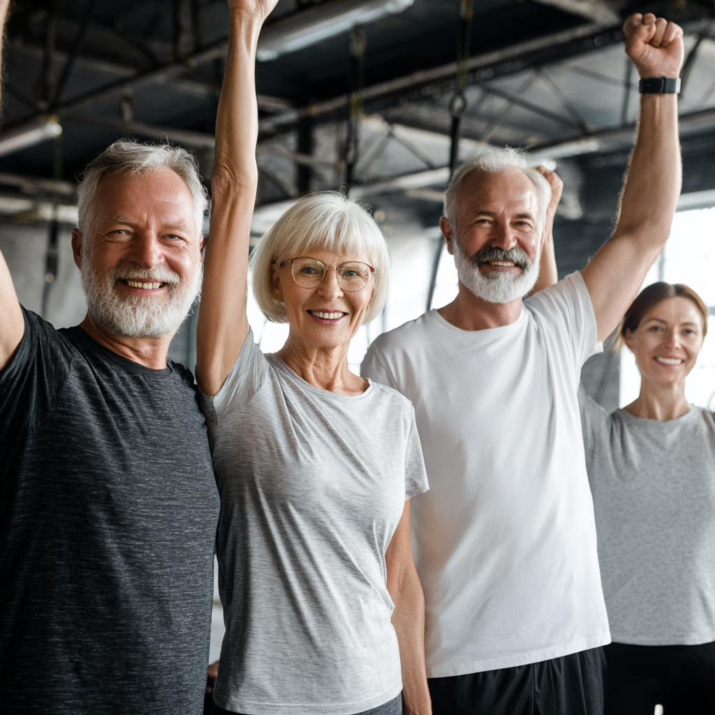 Group of middle-aged adults celebrating fitness achievements together